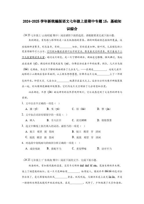 【初中语文】2024-2025学年新统编版语文七年级上册期中专题15：基础知识综合