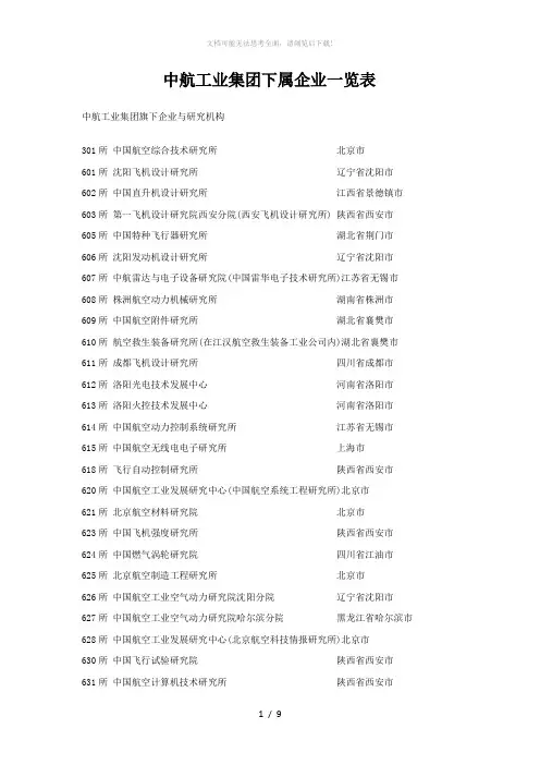 中航工业集团下属企业一览表