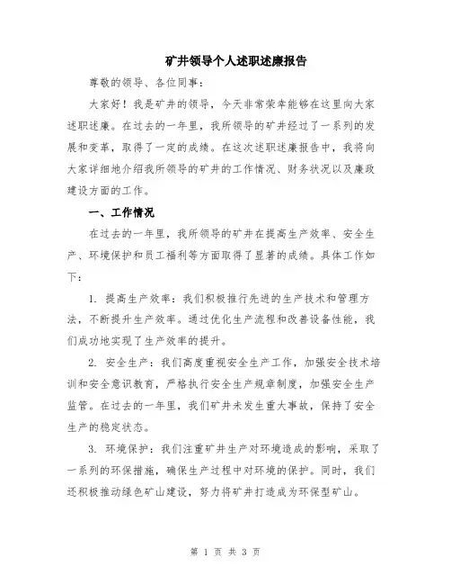 矿井领导个人述职述廉报告