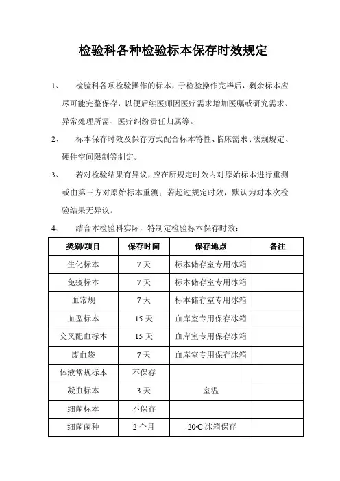 检验科各种检验标本保存时效规定