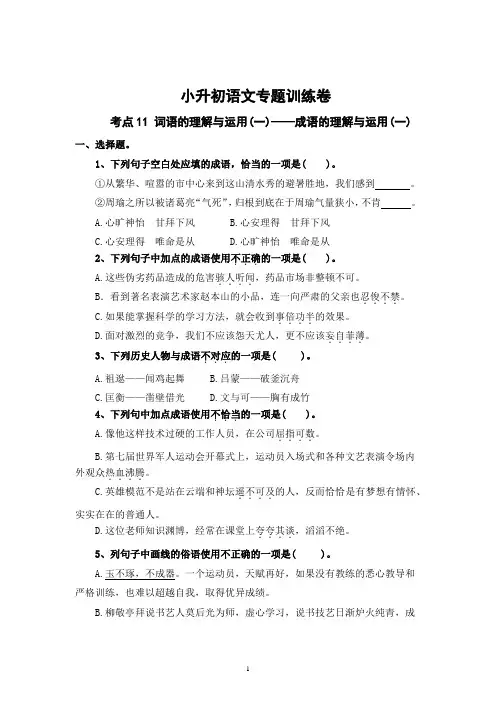 考点11 词语的理解与运用(一)：成语的理解与运用(一)-2024年小升初语文专题训练(统编版)