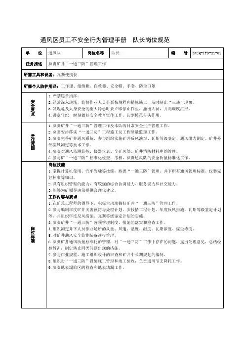 通风区员工不安全行为管理手册  队长岗位规范