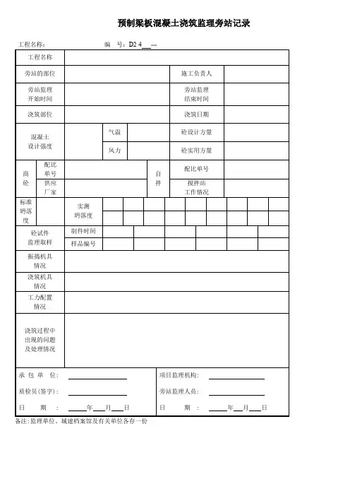 预制梁板混凝土浇筑监理旁站记录