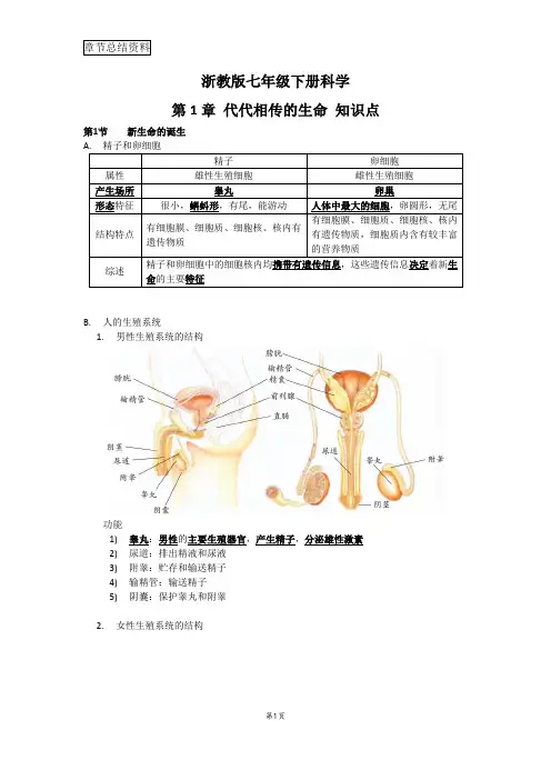 浙教版七年级下册科学第1章代代相传的生命知识点