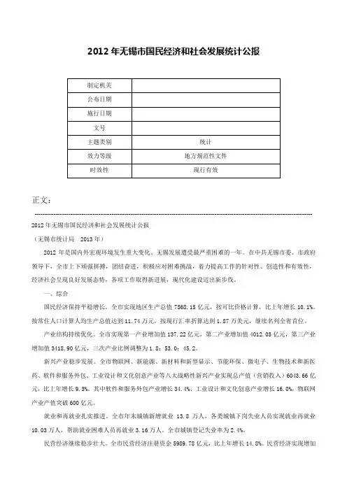 2012年无锡市国民经济和社会发展统计公报-