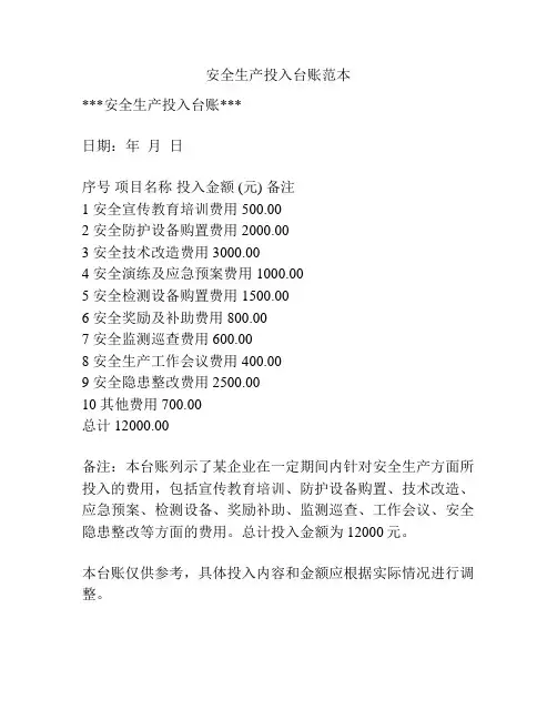 安全生产投入台账范本