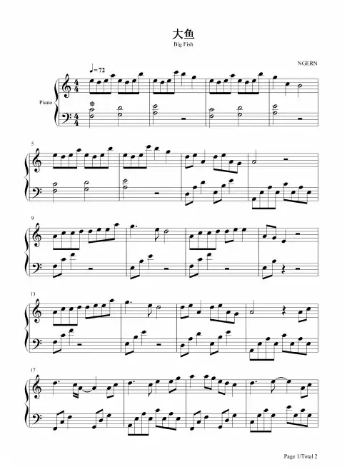 钢琴谱 大鱼-C调简单版-一首值得去反复聆听和传唱的歌曲 五线谱_共2张(全)