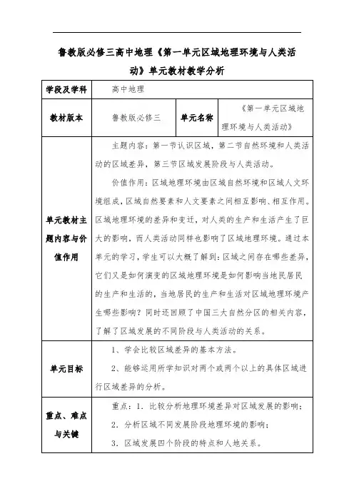 鲁教版必修三高中地理《第一单元区域地理环境与人类活动》单元教材教学分析