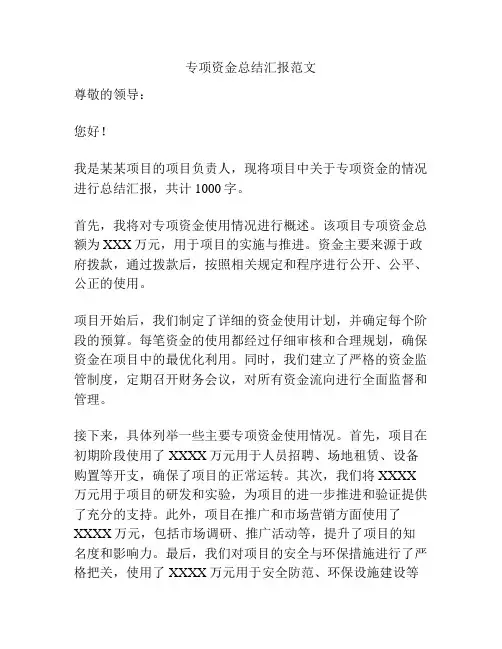 专项资金总结汇报范文