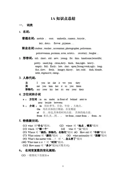 青少版新概念1A知识点总结
