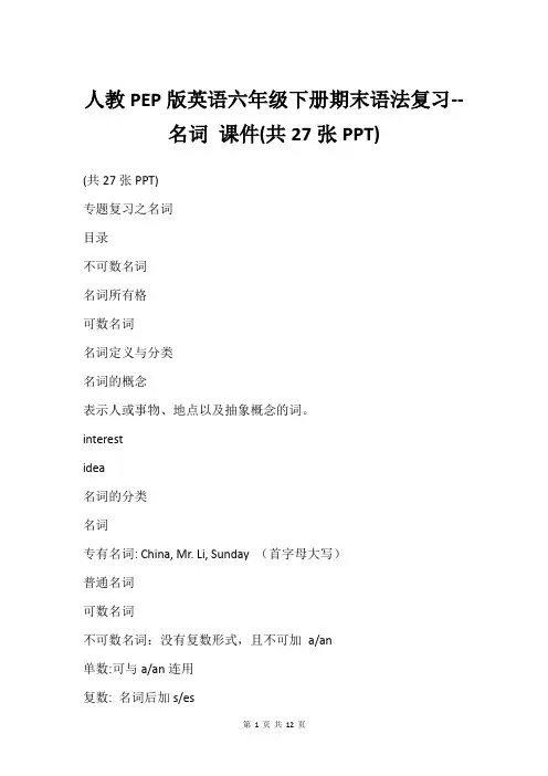 人教PEP版英语六年级下册期末语法复习--名词 课件(共27张PPT)