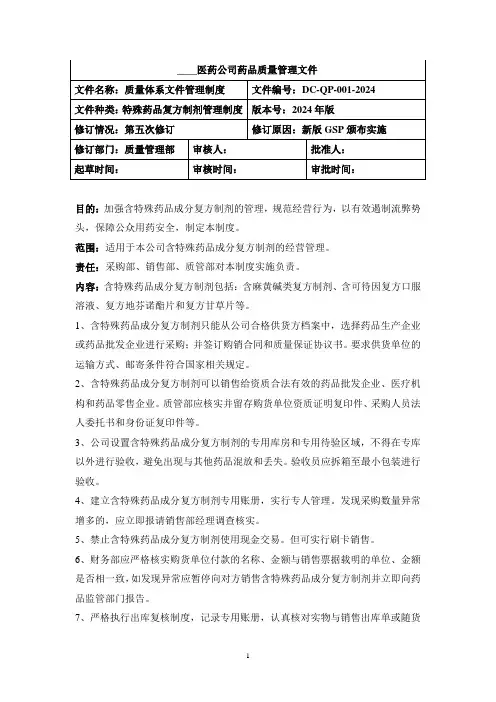 部分含特殊药品复方制剂管理制度