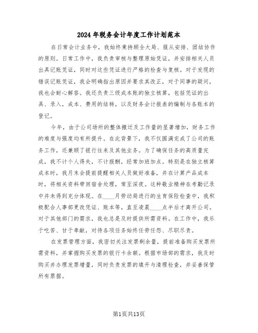 2024年税务会计年度工作计划范本（六篇）