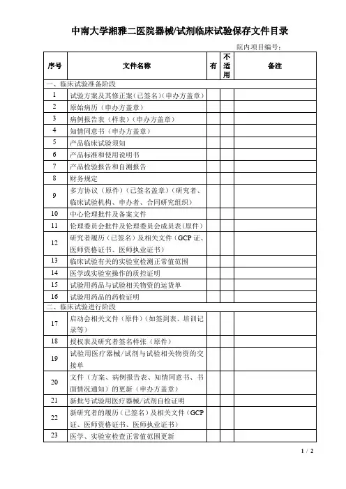 临床试验保存文件-中南大学湘雅二医院