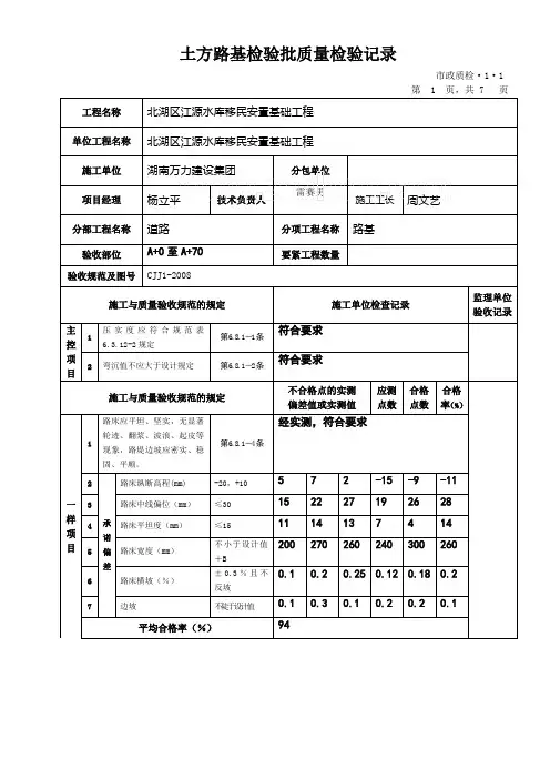 土方路基检验批质量检验记录
