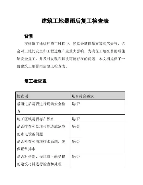 建筑工地暴雨后复工检查表