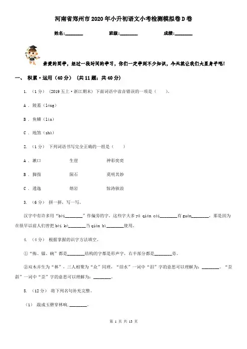 河南省郑州市2020年小升初语文小考检测模拟卷D卷