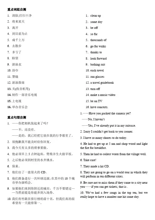 英语九年级Unit 14(中英对照)重点词汇短语句型.