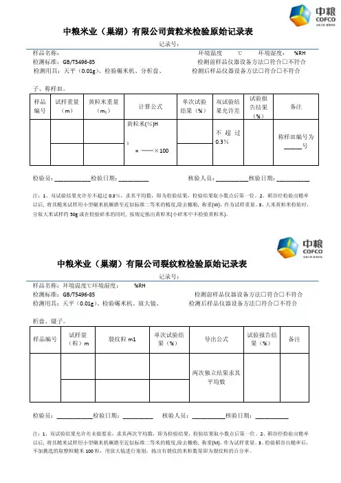 2016-2017年中粮（巢湖）米业大米检测原始记录表1（总结）