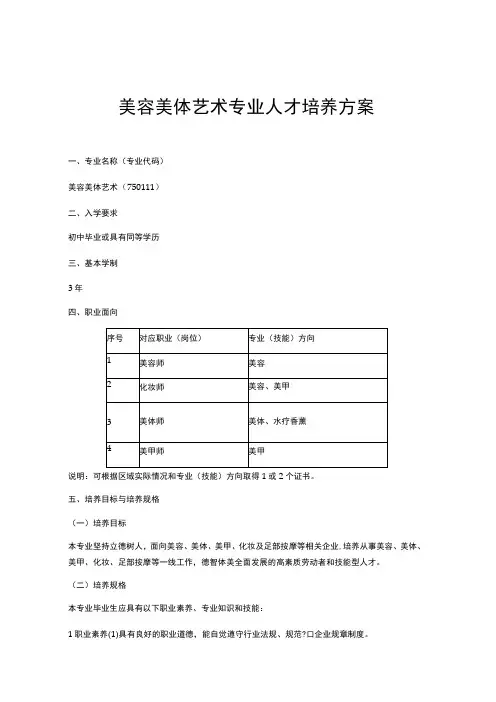 美容美体艺术专业人才培养方案