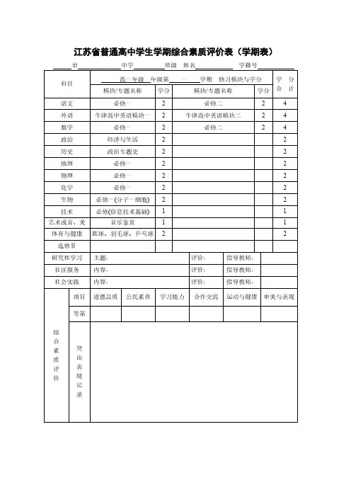 【免费下载】江苏省普通高中学生学期综合素质评价表学期表