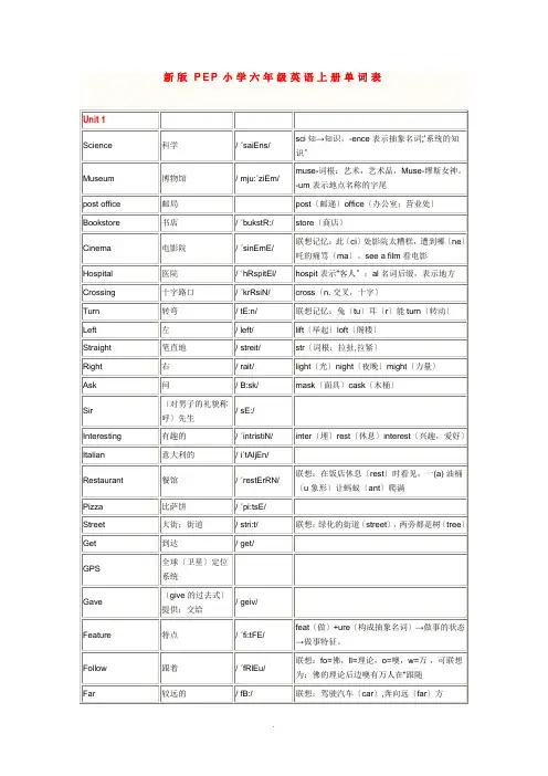 新版PEP小学六年级英语上册单词表
