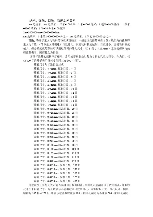 纳米 微米 目数 粒度之间关系