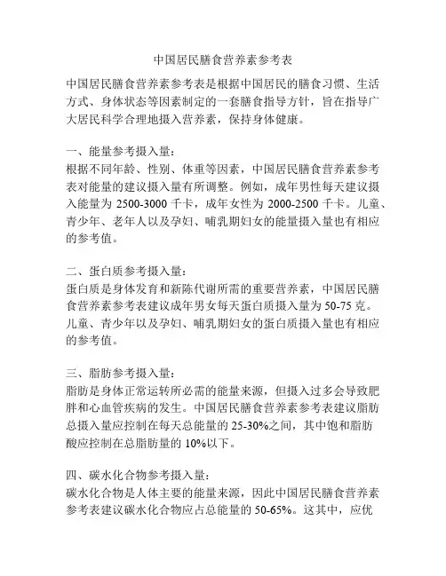 中国居民膳食营养素参考表
