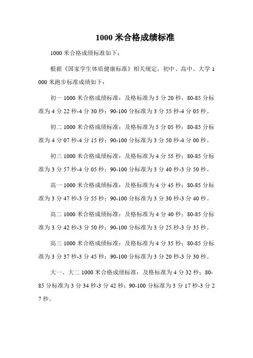 1000米合格成绩标准