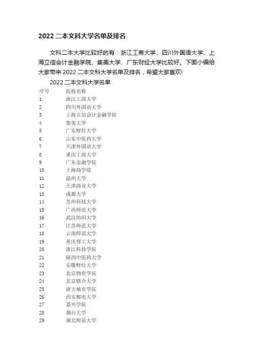 2022二本文科大学名单及排名
