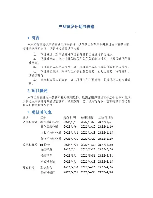 产品研发计划书表格