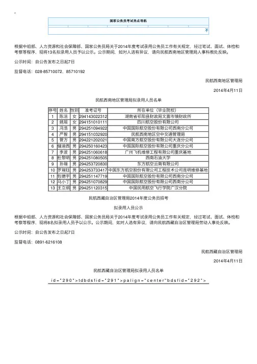 2014年民航西南地区管理局公务员拟录用人员公示