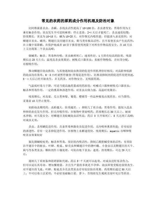 常见的农药的原药成分作用机理及防治对象