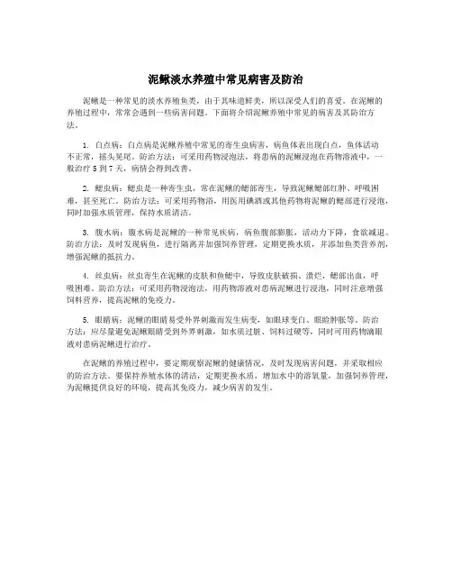 泥鳅淡水养殖中常见病害及防治