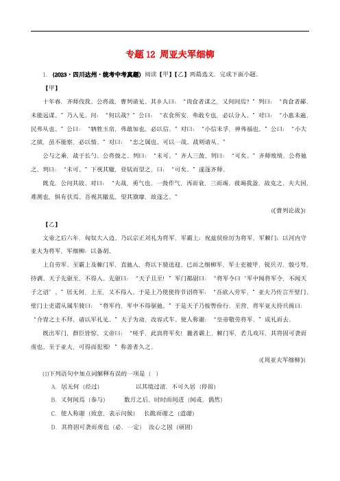 中考语文之文言文对比阅读(全国通用)专题21 周亚夫军细柳(原卷版)