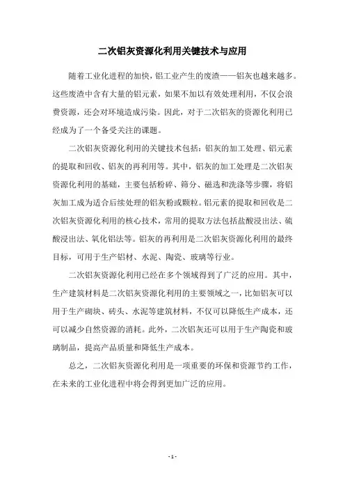 二次铝灰资源化利用关键技术与应用