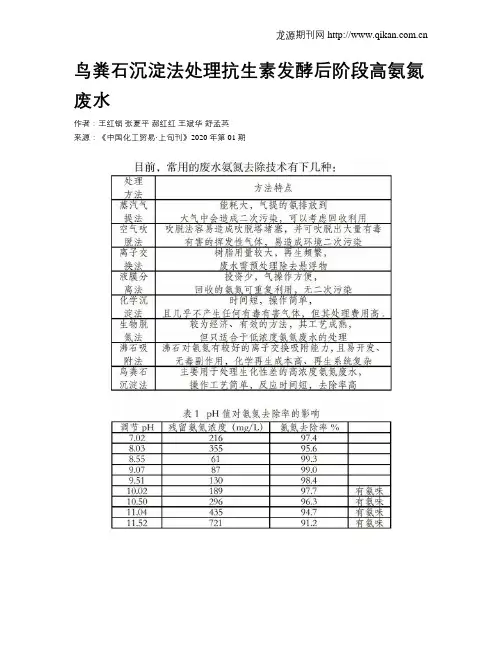 鸟粪石沉淀法处理抗生素发酵后阶段高氨氮废水