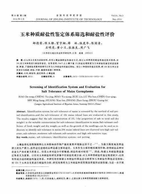 玉米种质耐盐性鉴定体系筛选和耐盐性评价
