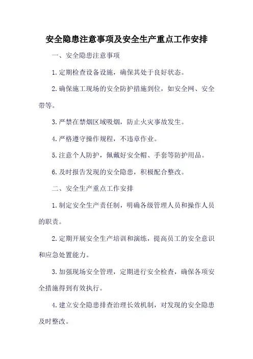 安全隐患注意事项及安全生产重点工作安排