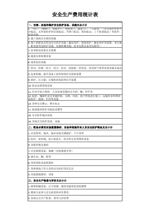 安全生产费用统计明细表