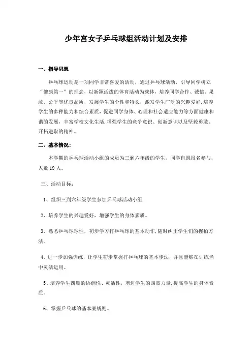 乡村学校少年宫乒乓球组活动计划及安排