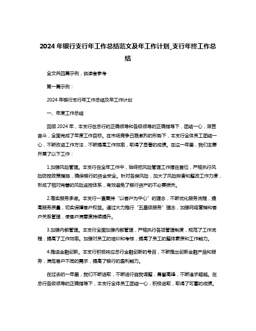 2024年银行支行年工作总结范文及年工作计划_支行年终工作总结