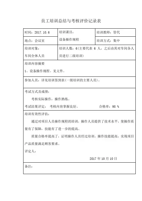 7-1设备操作规程培训总结与考核评价记录表