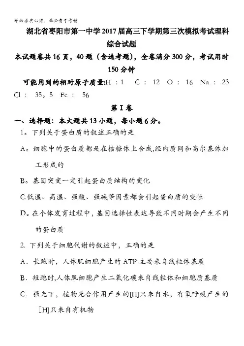 湖北省枣阳市第一中学2017届高三下学期第三次模拟考试理科综合试题含答案