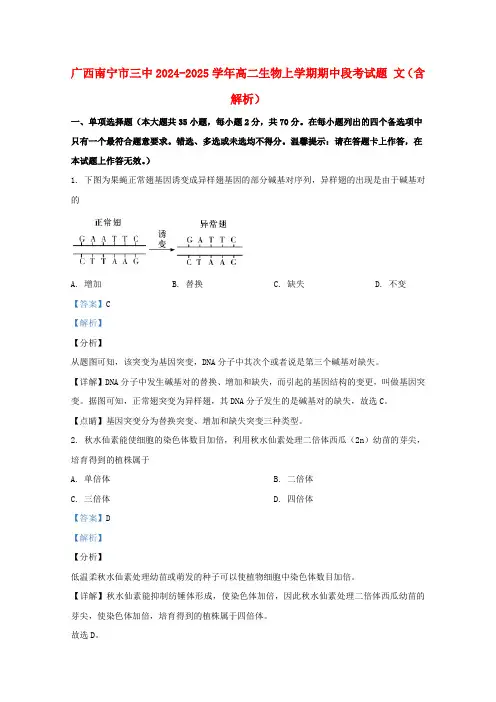 广西南宁市三中2024_2025学年高二生物上学期期中段考试题文含解析