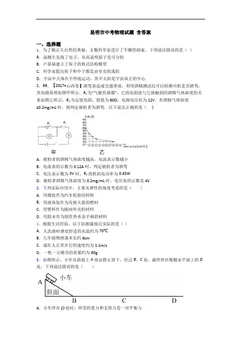 昆明市中考物理试题 含答案