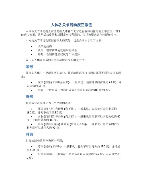 人体各关节活动度正常值