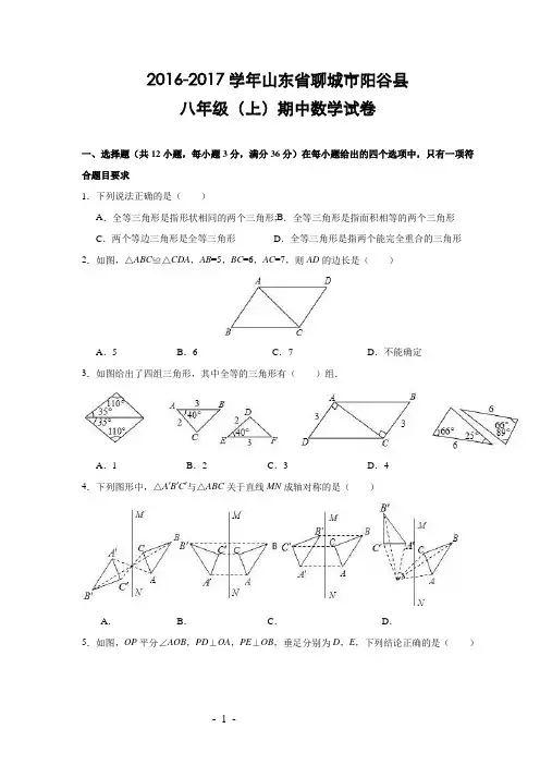 山东省聊城市阳谷县2016-2017学年八年级(上)期中数学试卷(解析版)