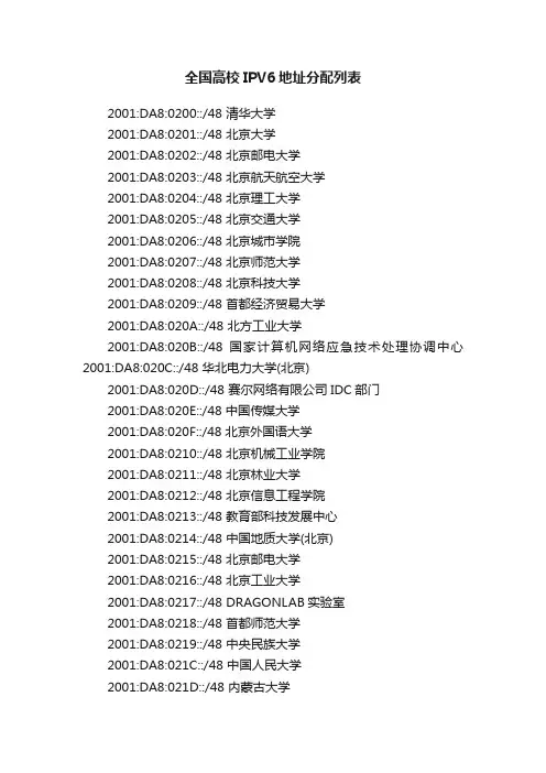 全国高校IPV6地址分配列表
