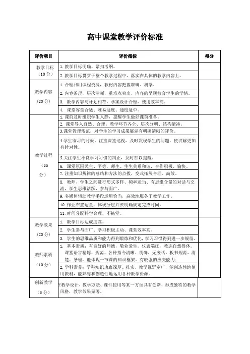 高中课堂教学评价标准